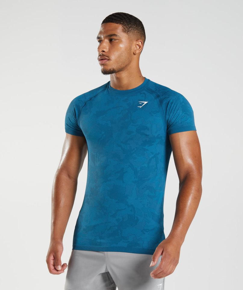 Men\'s Gymshark Geo Seamless T-Shirts Blue | CA 36058D